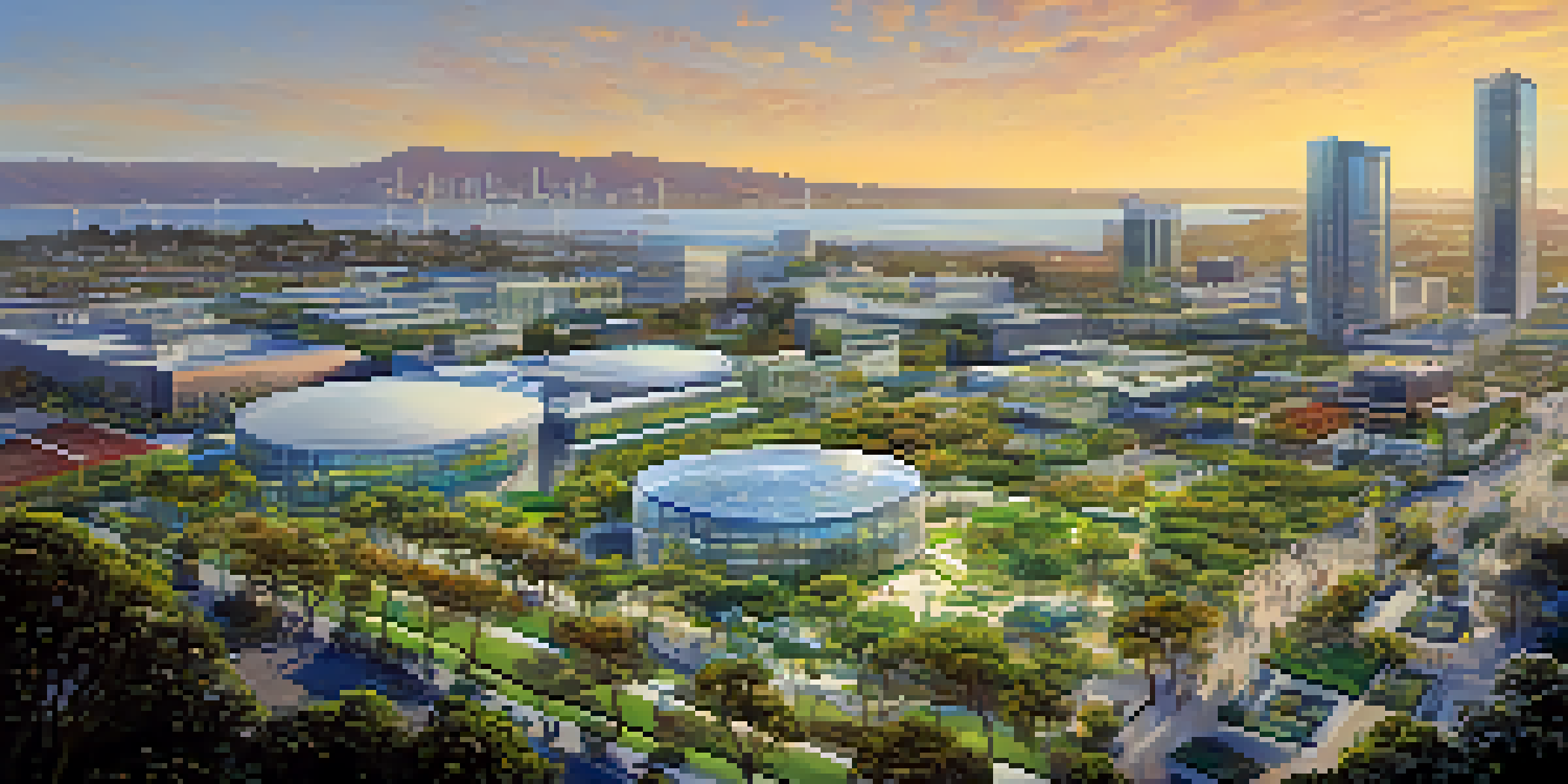 Aerial view of San Diego's biotech district with modern buildings and greenery, showcasing a vibrant atmosphere of innovation.