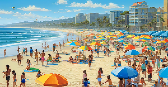 A lively beach scene at Mission Beach with families, colorful umbrellas, and surfers in the ocean under a clear blue sky.