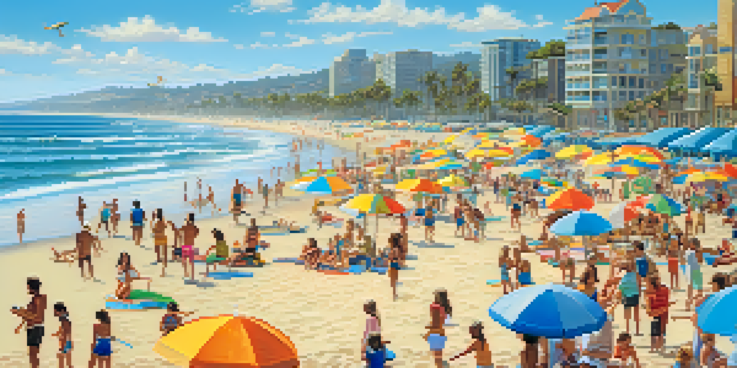 A lively beach scene at Mission Beach with families, colorful umbrellas, and surfers in the ocean under a clear blue sky.