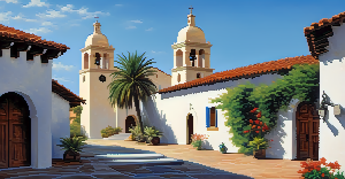 A beautiful view of Mission San Diego de Alcalá with adobe walls and a bell tower, surrounded by colorful flowers and greenery under a bright sky.