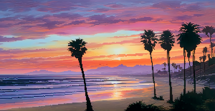 A sunset view over the San Diego coastline with palm trees, colorful sky, and calm ocean waves.