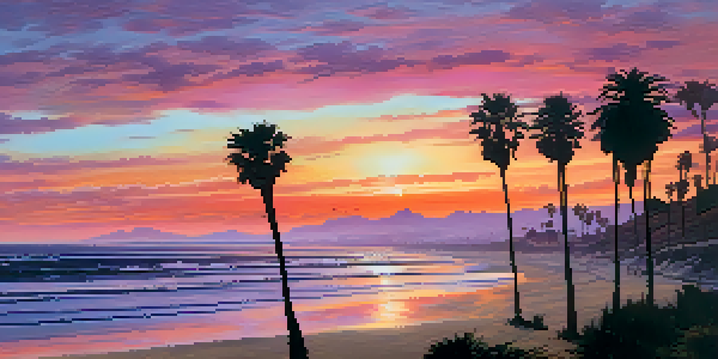 A sunset view over the San Diego coastline with palm trees, colorful sky, and calm ocean waves.