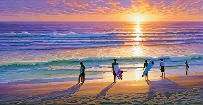A colorful beach scene at La Jolla with surfers and friends enjoying the sunset.