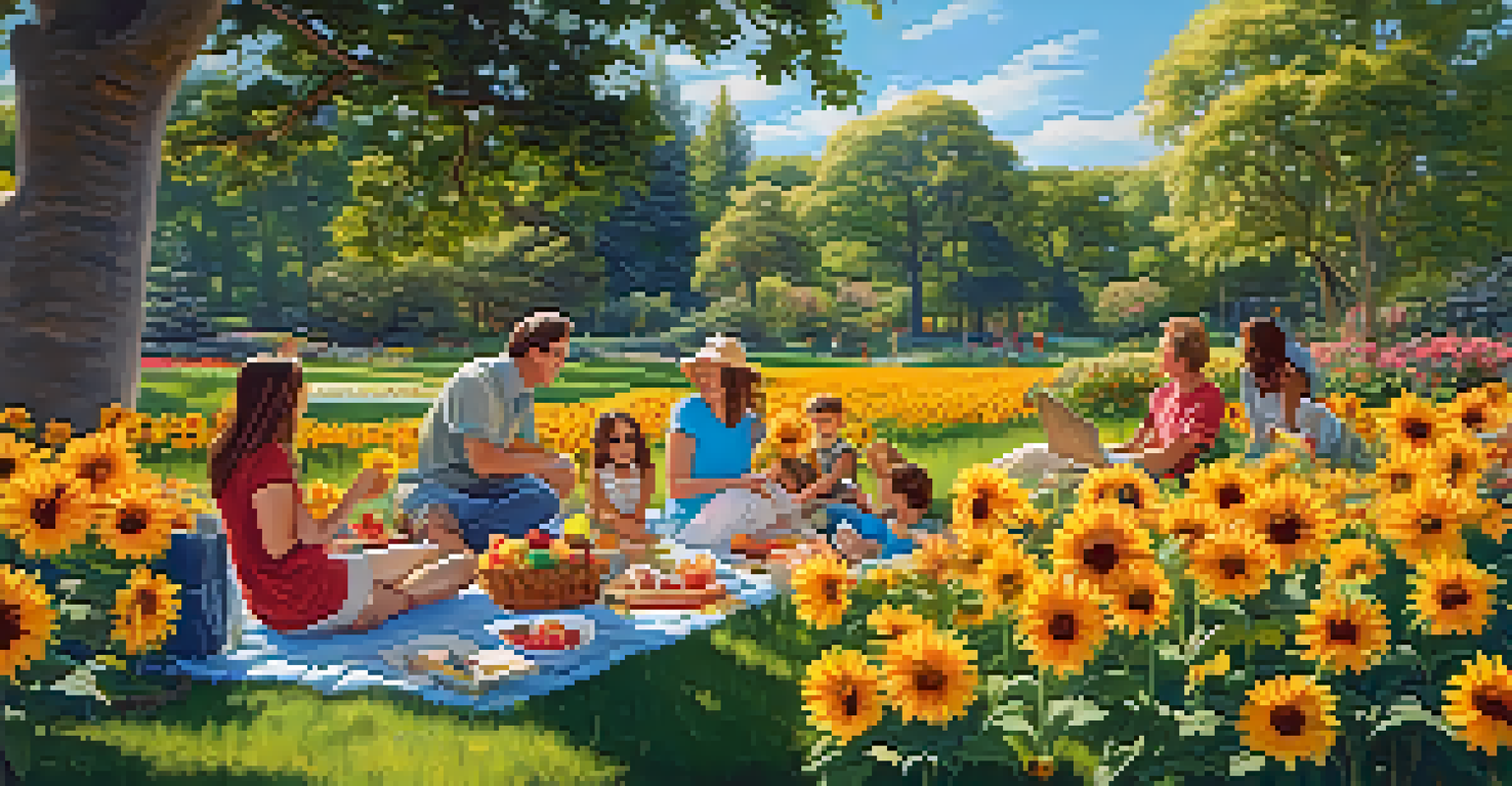 Families picnicking in a sunny botanical garden filled with blooming sunflowers, zinnias, and hibiscus.