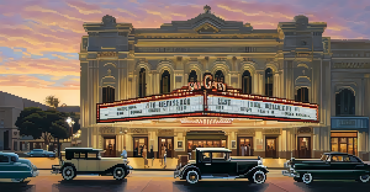 A historic theater in San Diego at dusk, beautifully illuminated with soft lights, featuring ornate architecture and a marquee displaying 'The Great Gatsby'.