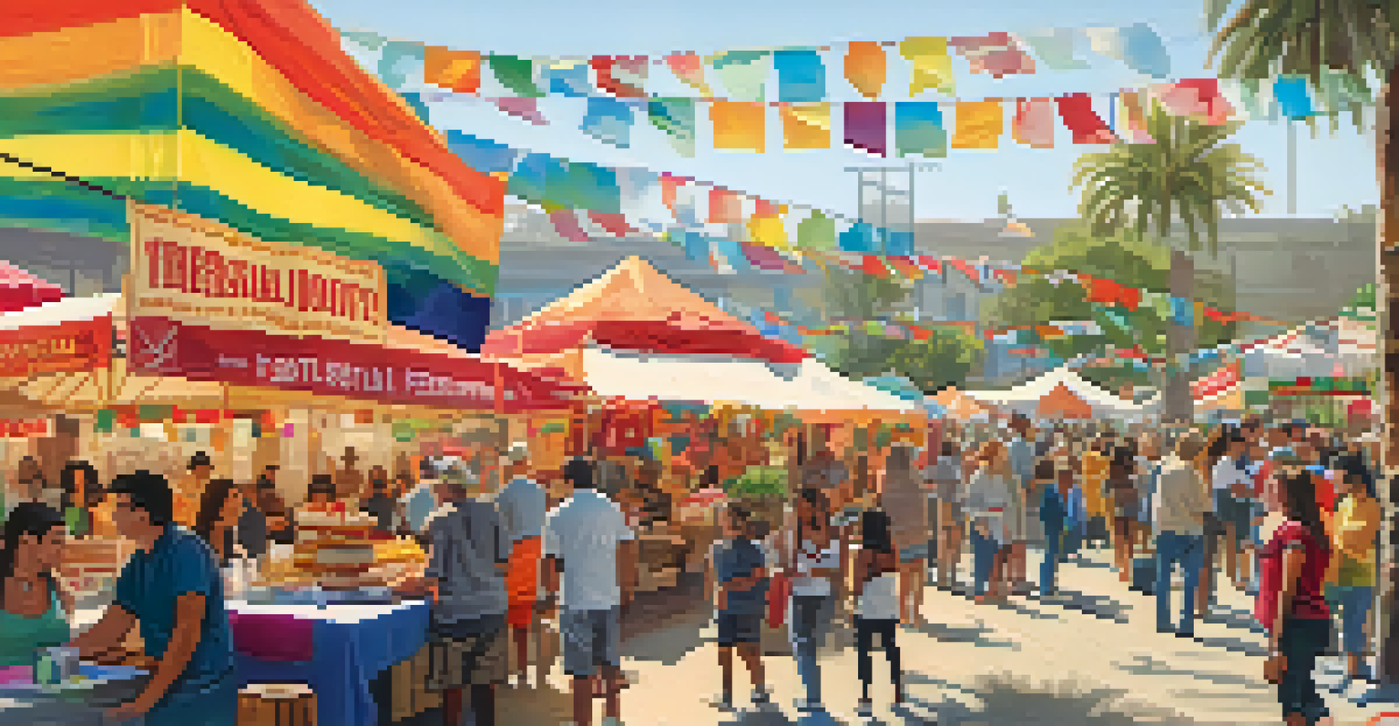 A lively outdoor festival in San Diego with food stalls and attendees enjoying diverse street food.