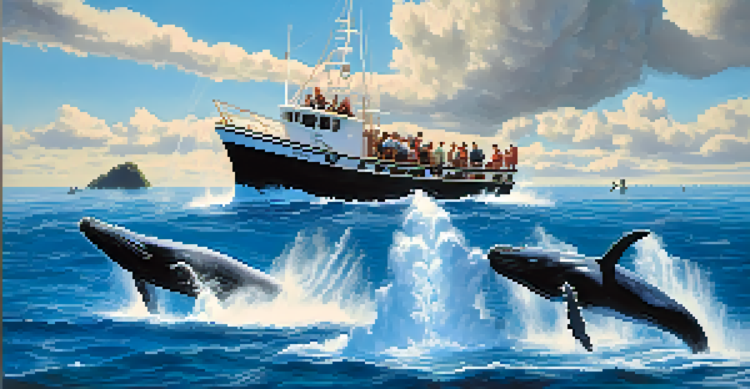 A small whale watching boat surrounded by humpback whales breaching in the clear blue ocean.