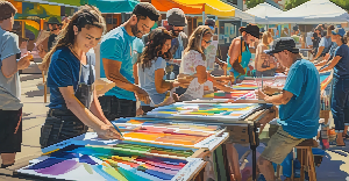 A community art workshop in San Diego with diverse artists painting together, surrounded by colorful artworks and art supplies.