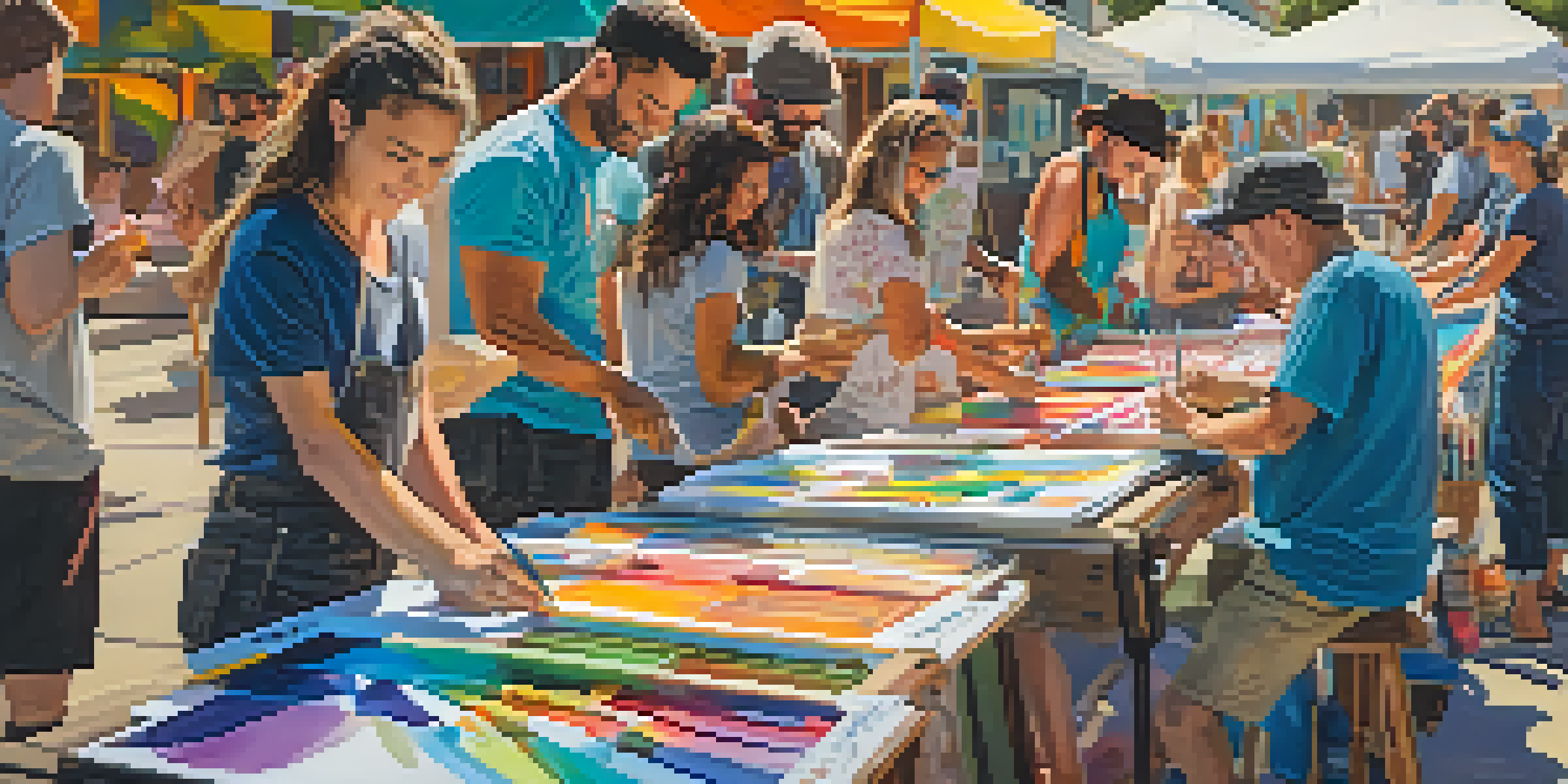 A community art workshop in San Diego with diverse artists painting together, surrounded by colorful artworks and art supplies.