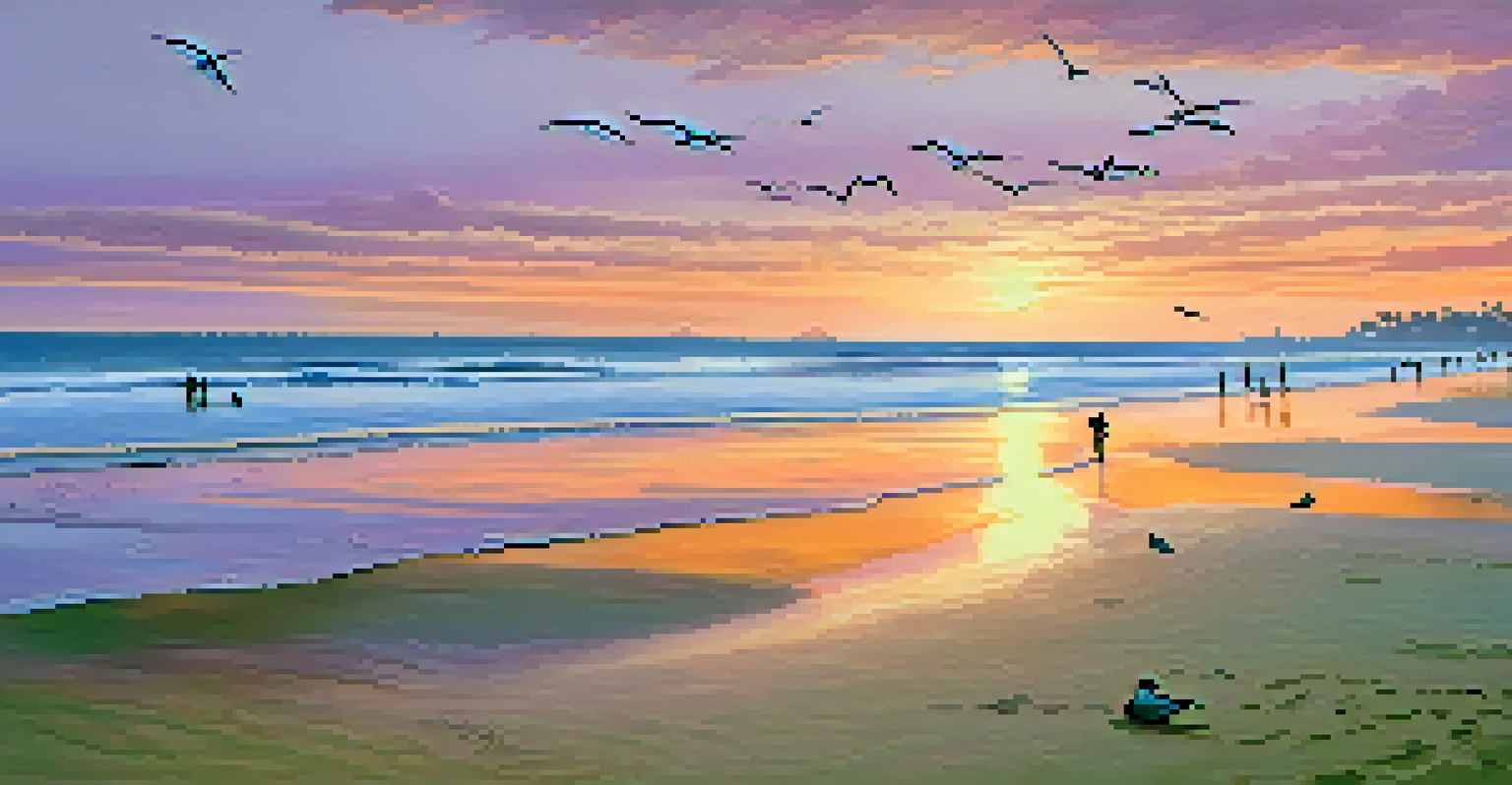 A peaceful beach sunset in San Diego, with colorful sky reflections on the water and silhouettes of people and seagulls.