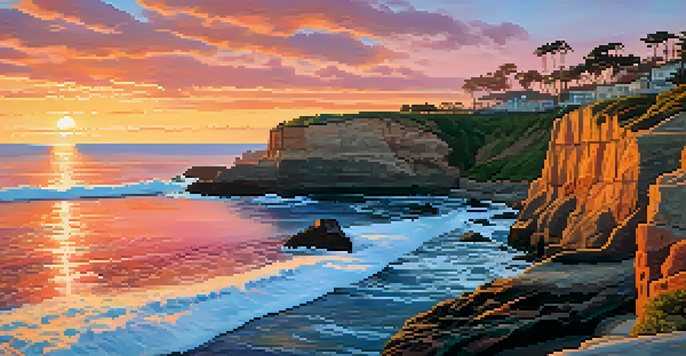 A scenic sunrise over La Jolla Cove, featuring colorful skies and sea lions on the rocks.