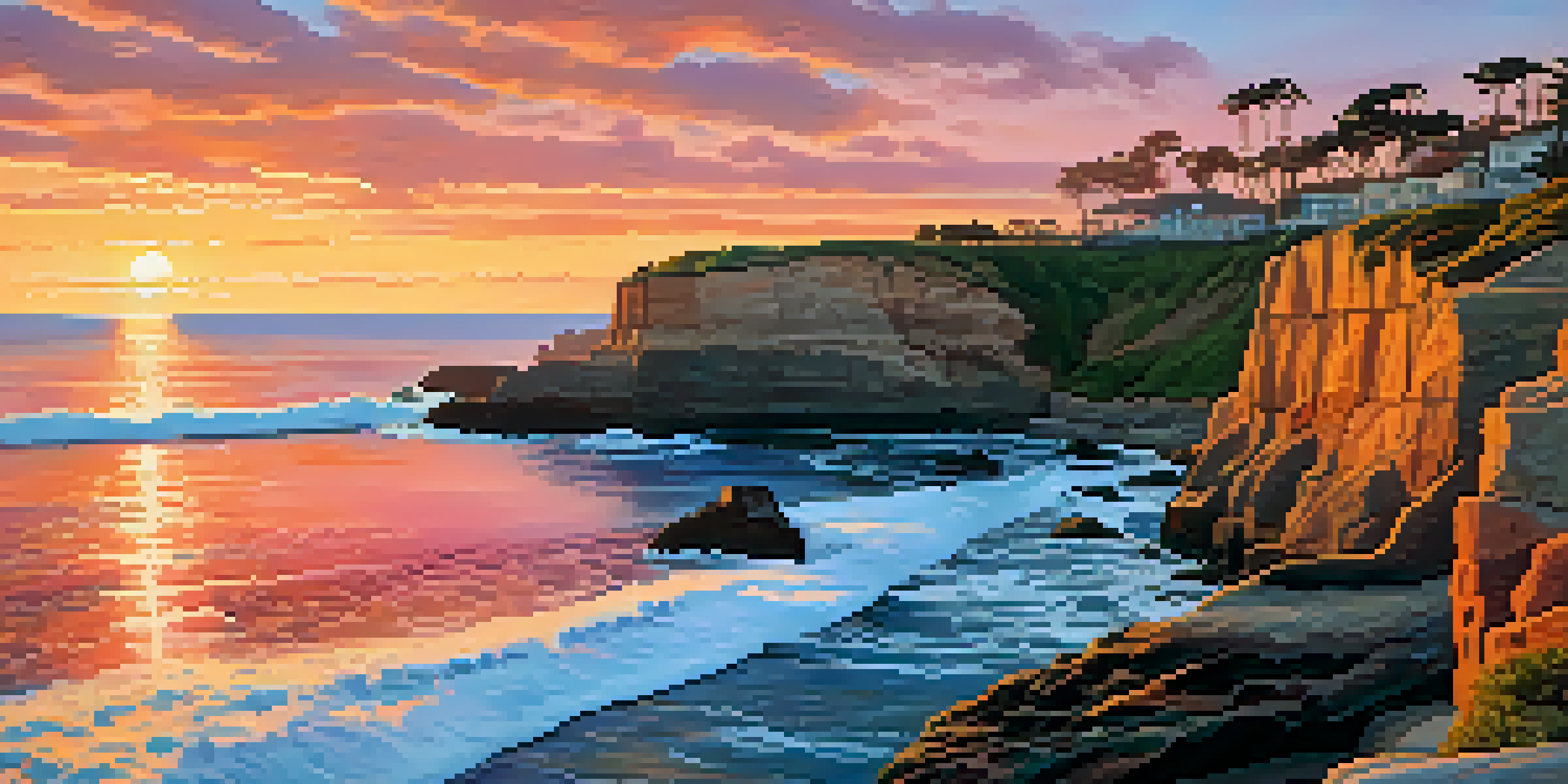 A scenic sunrise over La Jolla Cove, featuring colorful skies and sea lions on the rocks.