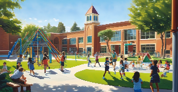 A lively playground scene at a private school with diverse students playing and enjoying the sunny day.