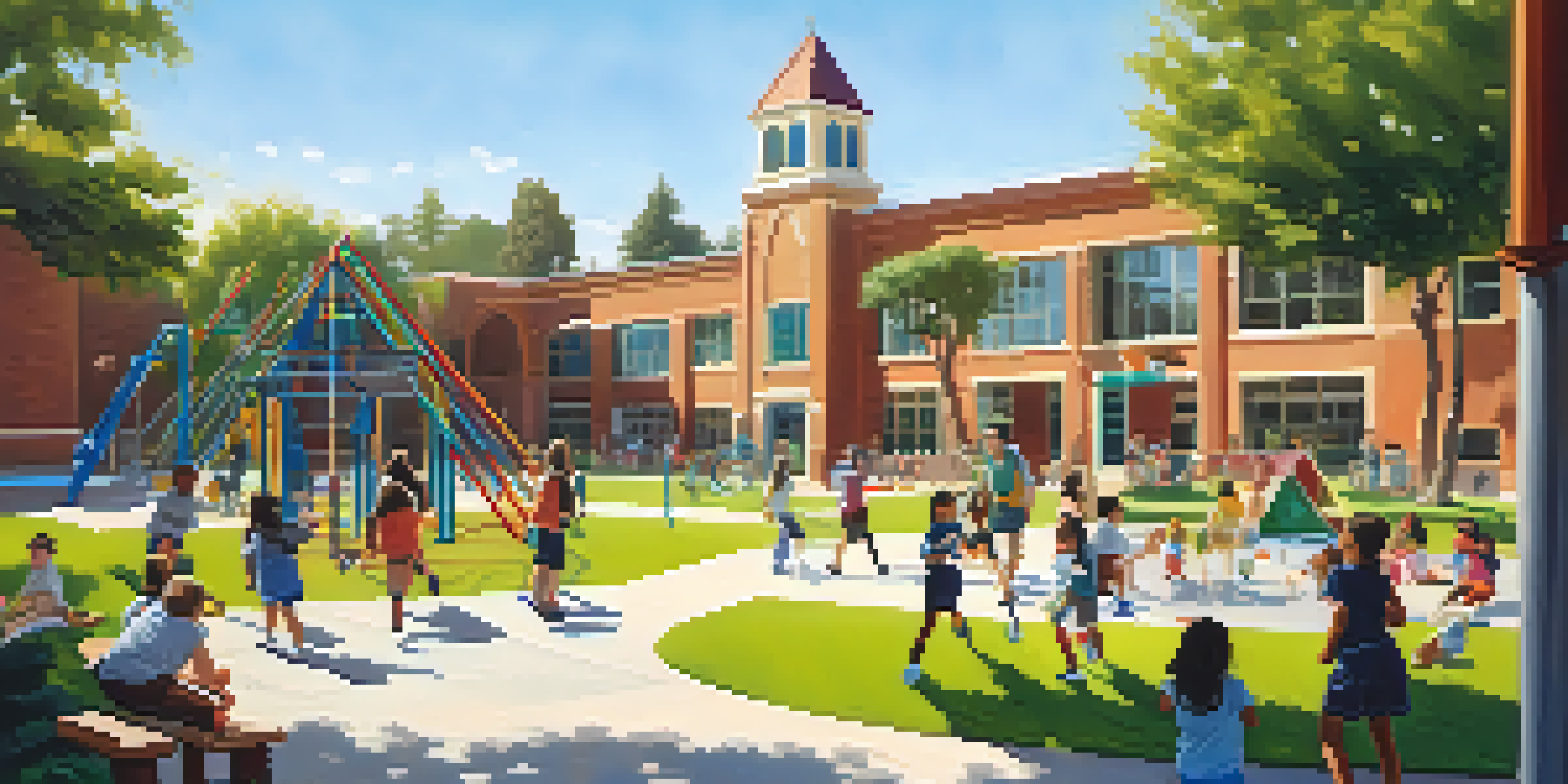 A lively playground scene at a private school with diverse students playing and enjoying the sunny day.