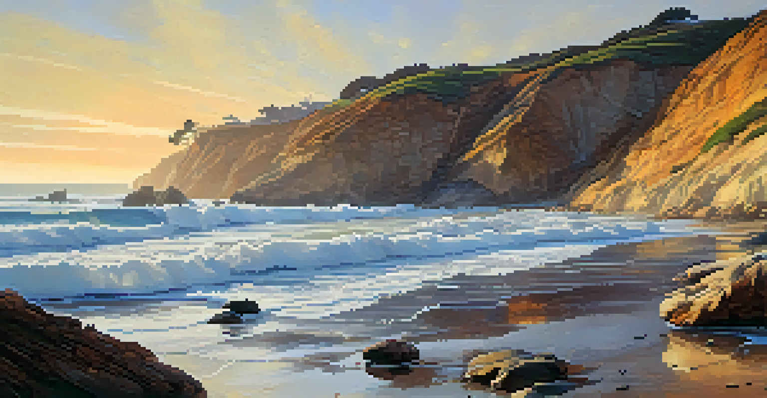 A picturesque coastline with tide pools among rocky cliffs, illuminated by a golden sunset sky.