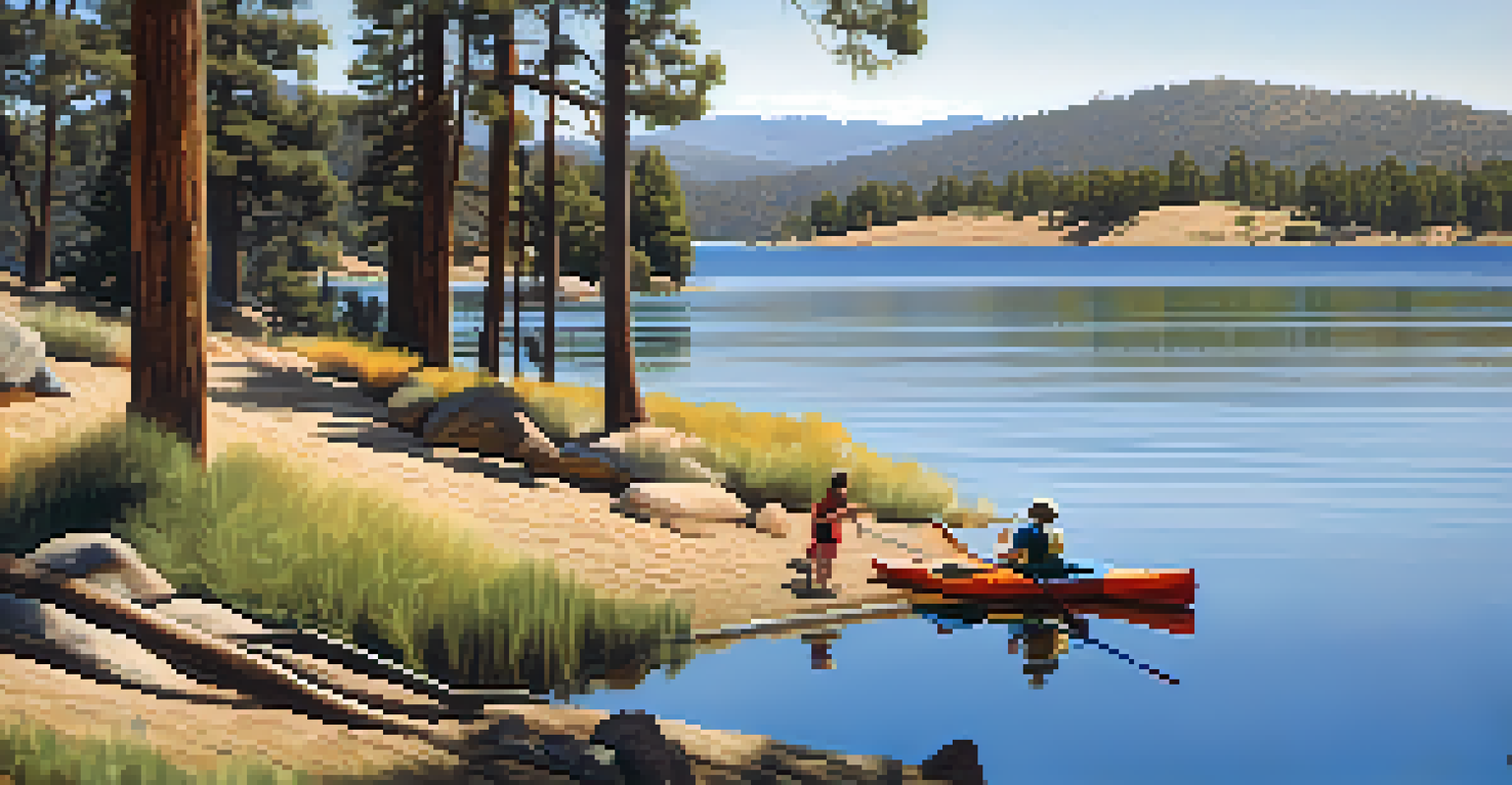 A tranquil lakeside view at Lake Cuyamaca with reflections of mountains, birds, and a family having a picnic.