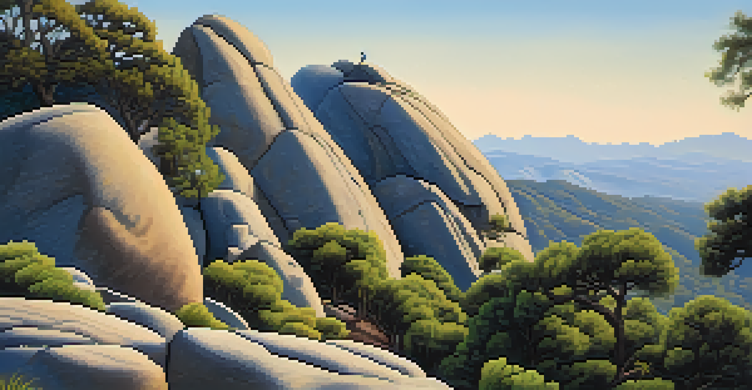 Climbers on unique boulders at Mount Woodson, surrounded by greenery and blue skies.
