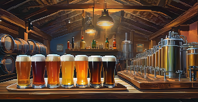 A colorful display of craft beer flights on a wooden table in a lively brewery, with patrons and brewing equipment in the background.