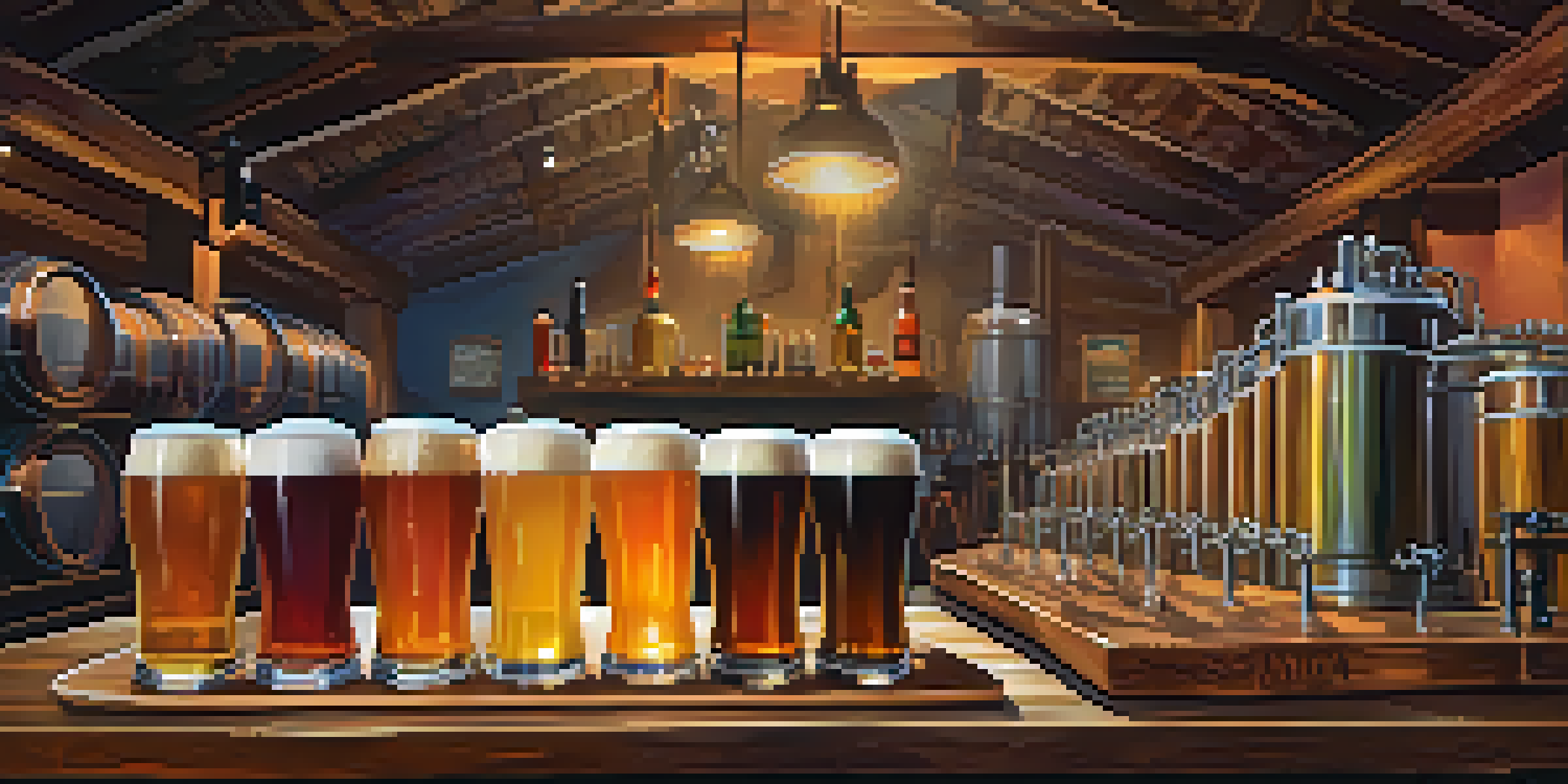 A colorful display of craft beer flights on a wooden table in a lively brewery, with patrons and brewing equipment in the background.