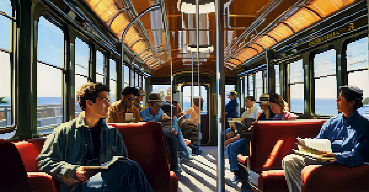 The interior of a San Diego Trolley filled with passengers, enjoying their ride with sunlight streaming in through the windows.