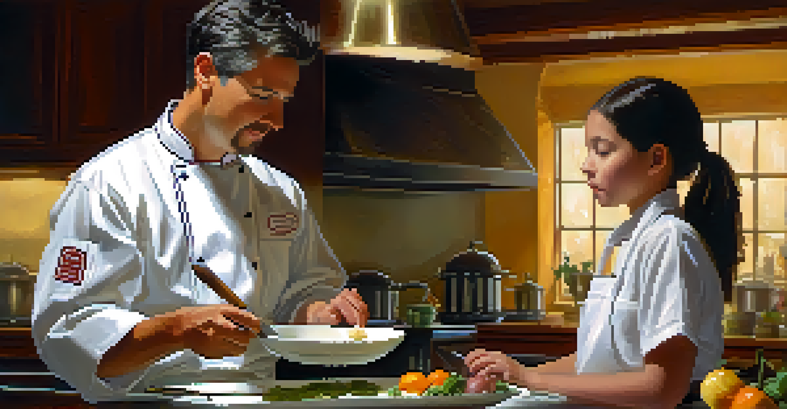 An experienced chef mentoring a young culinary student in a kitchen, showcasing a beautifully plated dish with warm lighting.