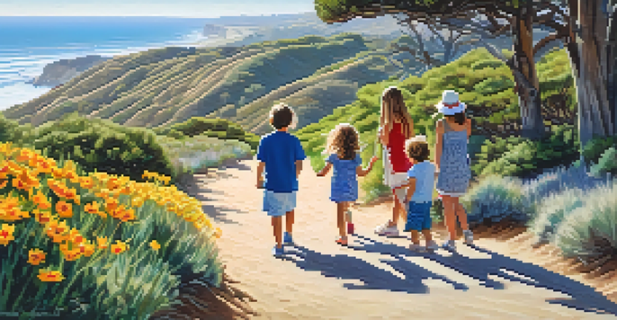 A family walking on a trail in Torrey Pines State Natural Reserve, with coastal views and birds in the background.