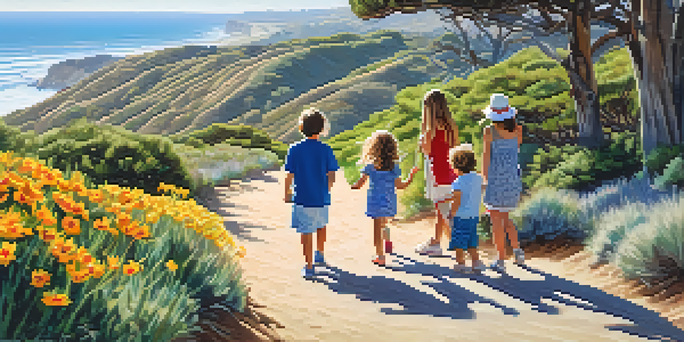A family walking on a trail in Torrey Pines State Natural Reserve, with coastal views and birds in the background.