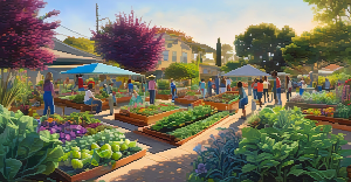 A lively community garden showing diverse individuals gardening together under warm sunlight.