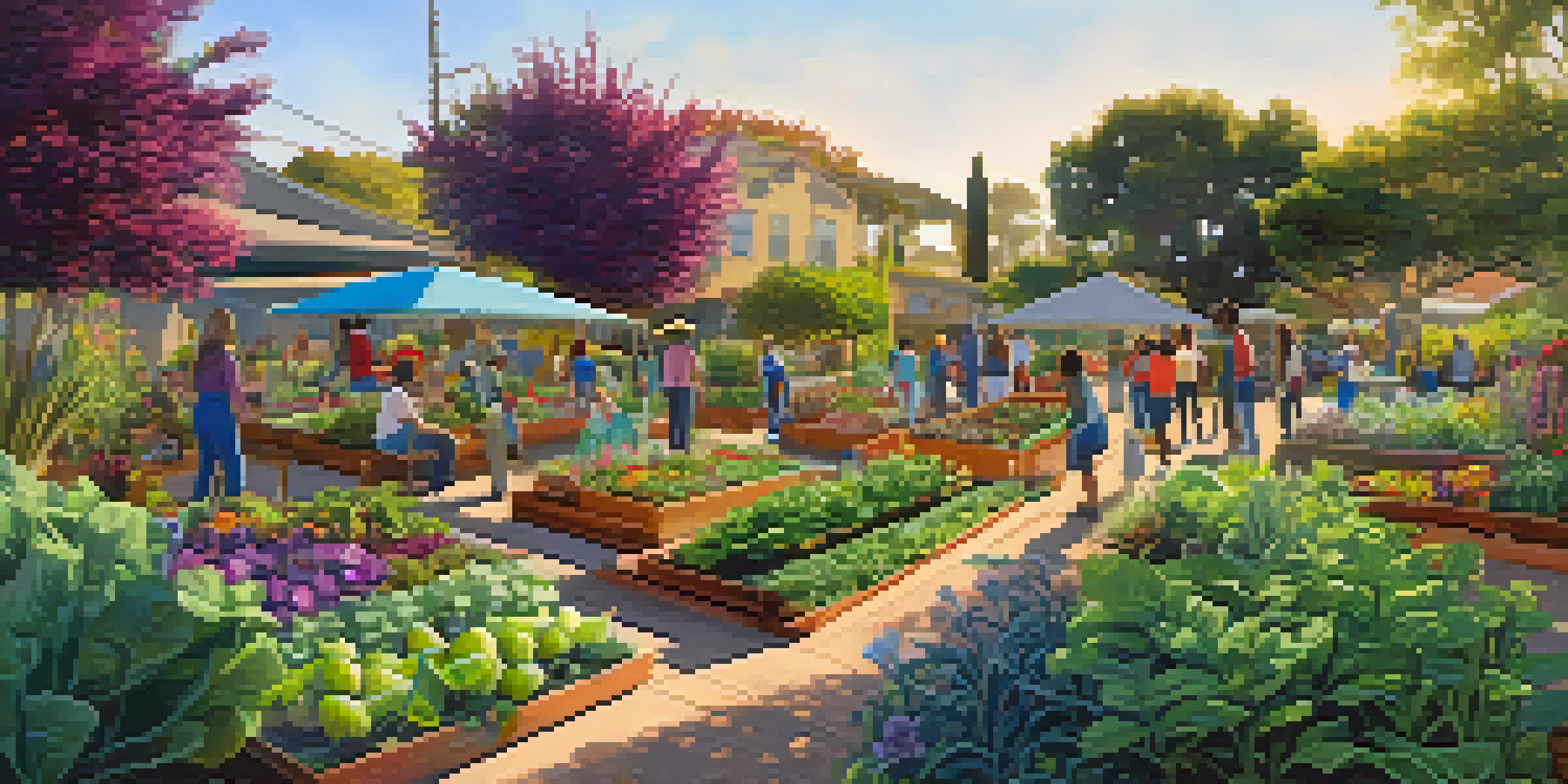 A lively community garden showing diverse individuals gardening together under warm sunlight.