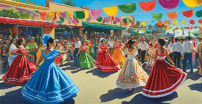 A lively festival scene with dancers in traditional Mexican attire, colorful decorations, and food stalls showcasing Mexican cuisine.