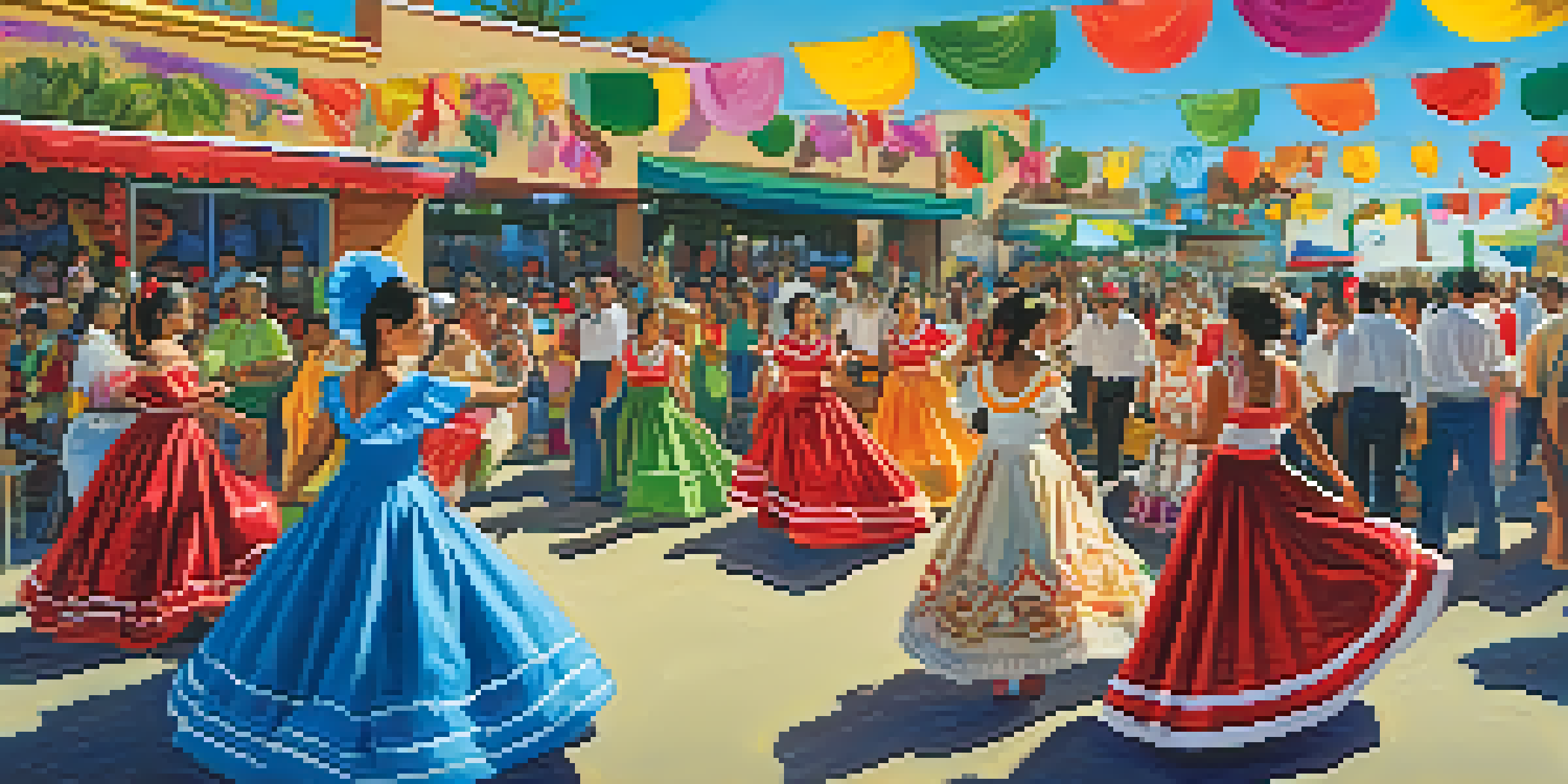 A lively festival scene with dancers in traditional Mexican attire, colorful decorations, and food stalls showcasing Mexican cuisine.