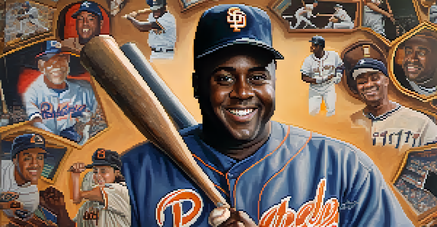 A close-up portrait of Tony Gwynn smiling with a baseball bat, surrounded by his career memorabilia.