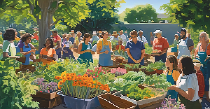 A diverse group of individuals participating in an environmental education workshop in a colorful garden, with a bright sky and an instructor demonstrating gardening techniques.