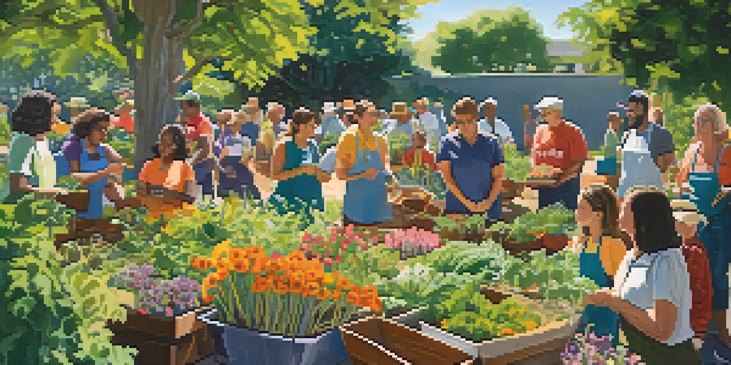 A diverse group of individuals participating in an environmental education workshop in a colorful garden, with a bright sky and an instructor demonstrating gardening techniques.