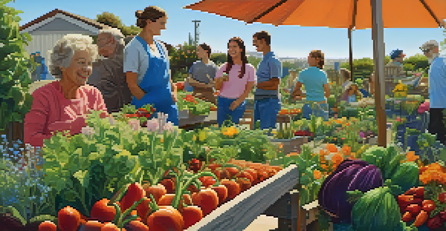 A community garden in San Diego with people gardening together, surrounded by colorful plants and flowers against a blue sky.