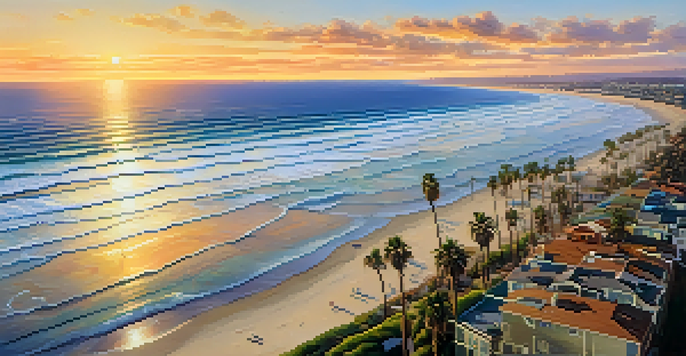 Aerial view of San Diego's coastline at sunset with surfers and beachgoers.