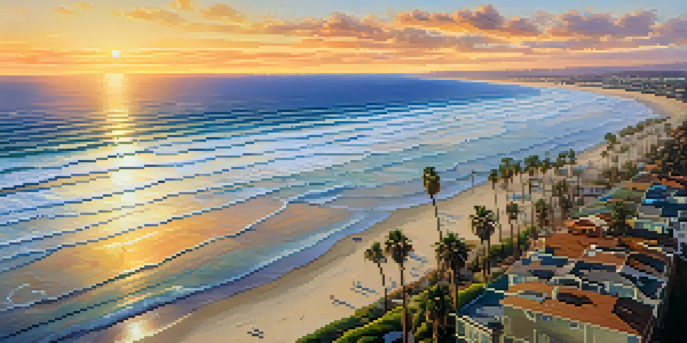 Aerial view of San Diego's coastline at sunset with surfers and beachgoers.