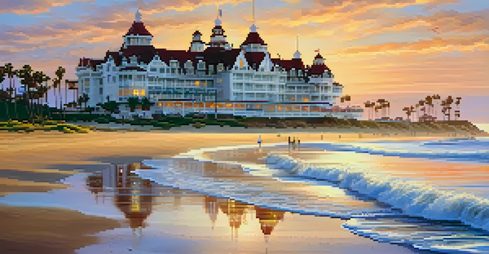 A beautiful view of Hotel del Coronado at sunset, showcasing the beach in the foreground and vibrant sky colors.