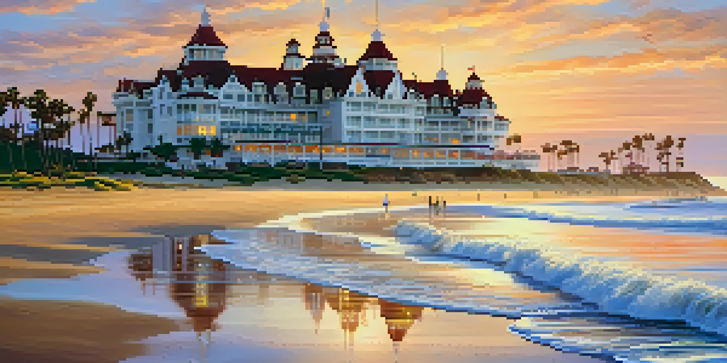 A beautiful view of Hotel del Coronado at sunset, showcasing the beach in the foreground and vibrant sky colors.