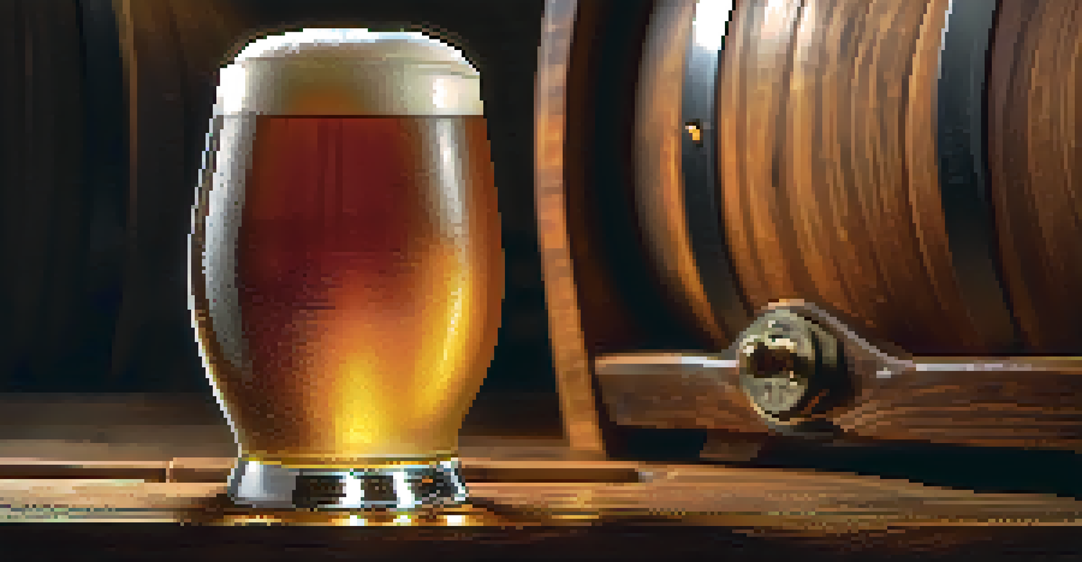 A close-up of barrel-aged beer being poured into a glass, emphasizing its rich color and the texture of the wooden barrel in the background.