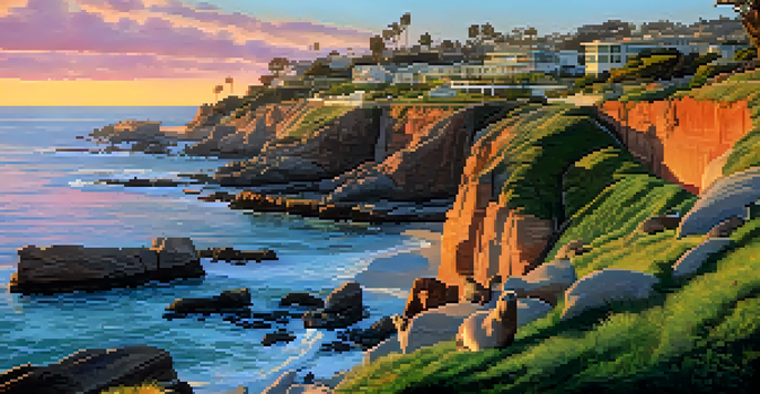 A beautiful sunset at La Jolla Cove with colorful sky, rugged cliffs, and sea lions resting on rocks.