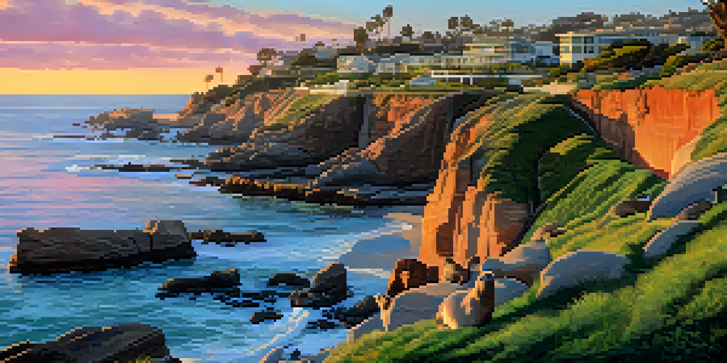 A beautiful sunset at La Jolla Cove with colorful sky, rugged cliffs, and sea lions resting on rocks.