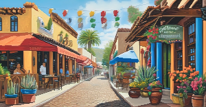 A lively street in Old Town San Diego featuring historic buildings, colorful murals, and bustling visitors enjoying the atmosphere.