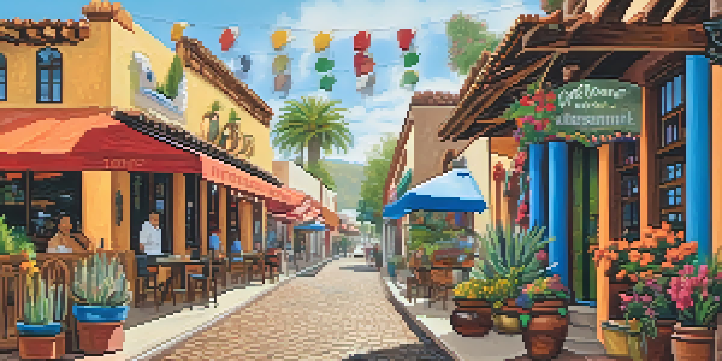 A lively street in Old Town San Diego featuring historic buildings, colorful murals, and bustling visitors enjoying the atmosphere.