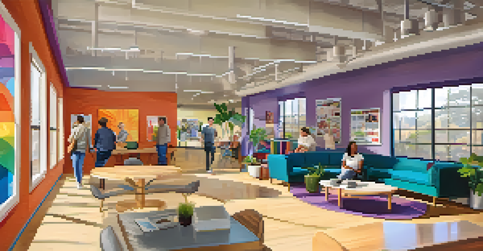 An inviting interior of the San Diego LGBTQ+ Community Center, showing people interacting in a friendly environment with informational displays.