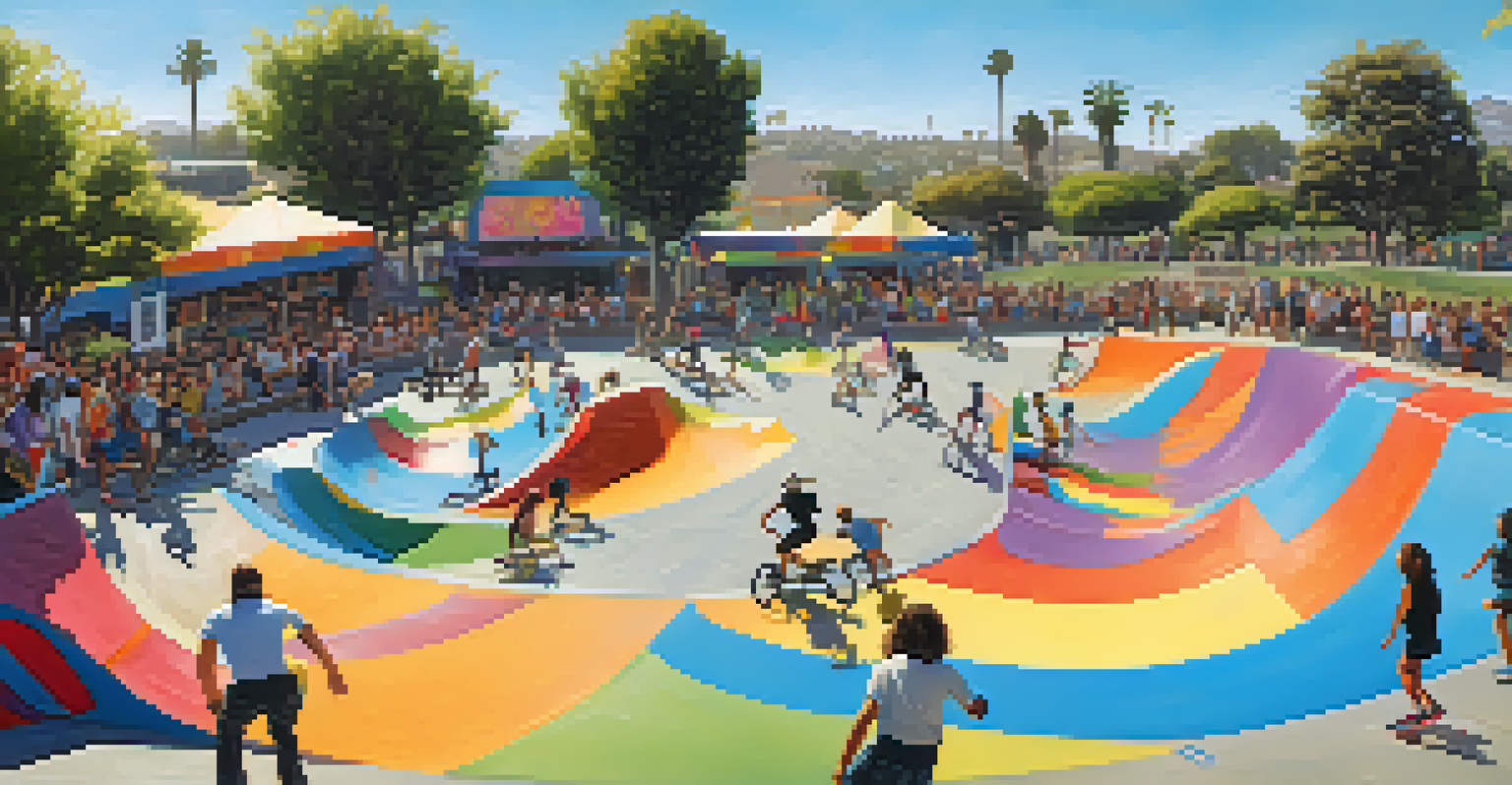 A bustling skateboarding event with skaters of varying skills performing tricks, surrounded by vendors and cheering spectators in a sunny park.