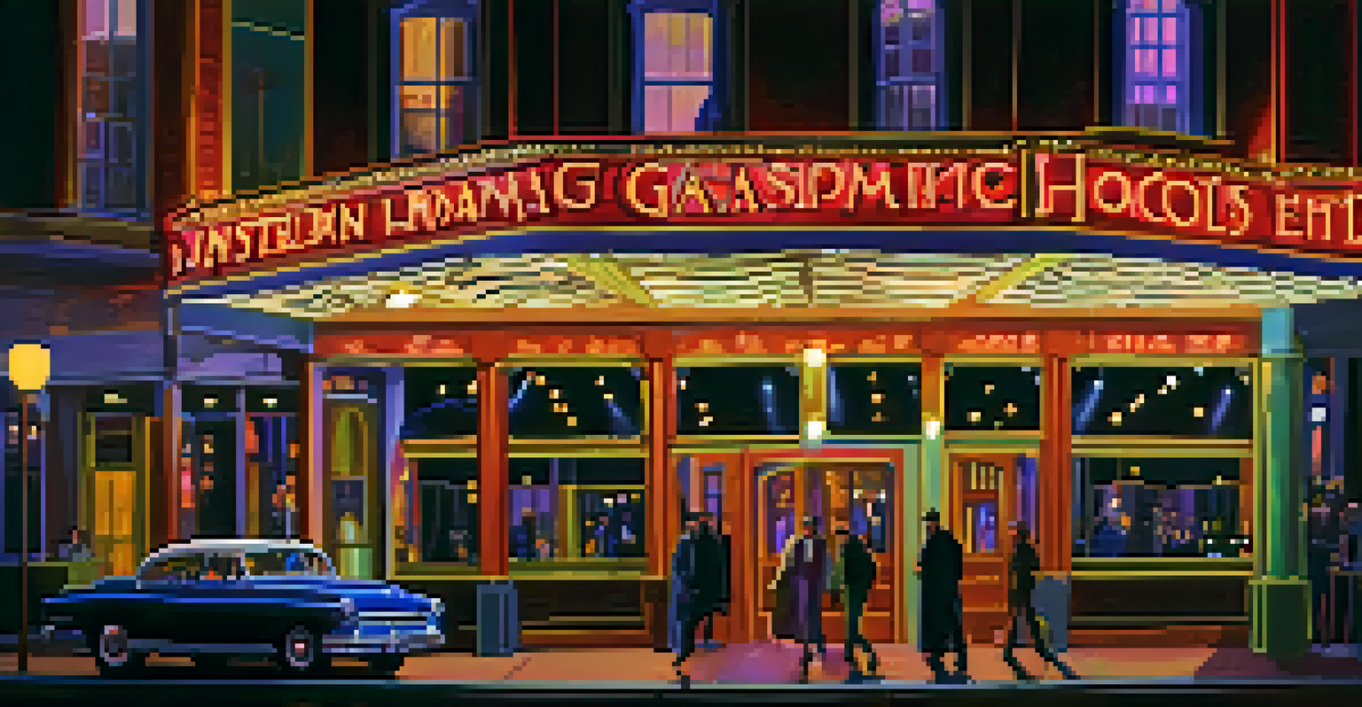 A nighttime view of the Gaslamp Hotel with vibrant neon lights and a ghostly figure in vintage attire near the entrance.