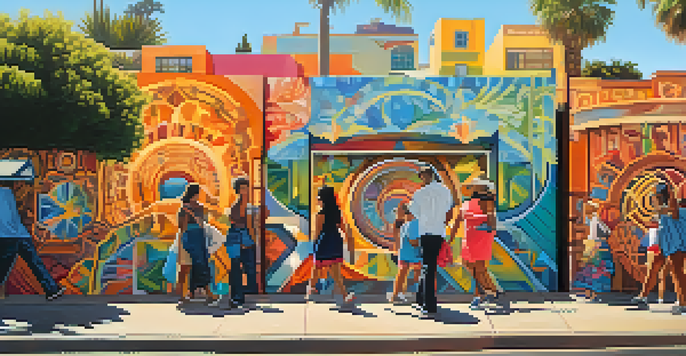 A colorful street mural depicting cultural themes, with people walking by in North Park, San Diego.