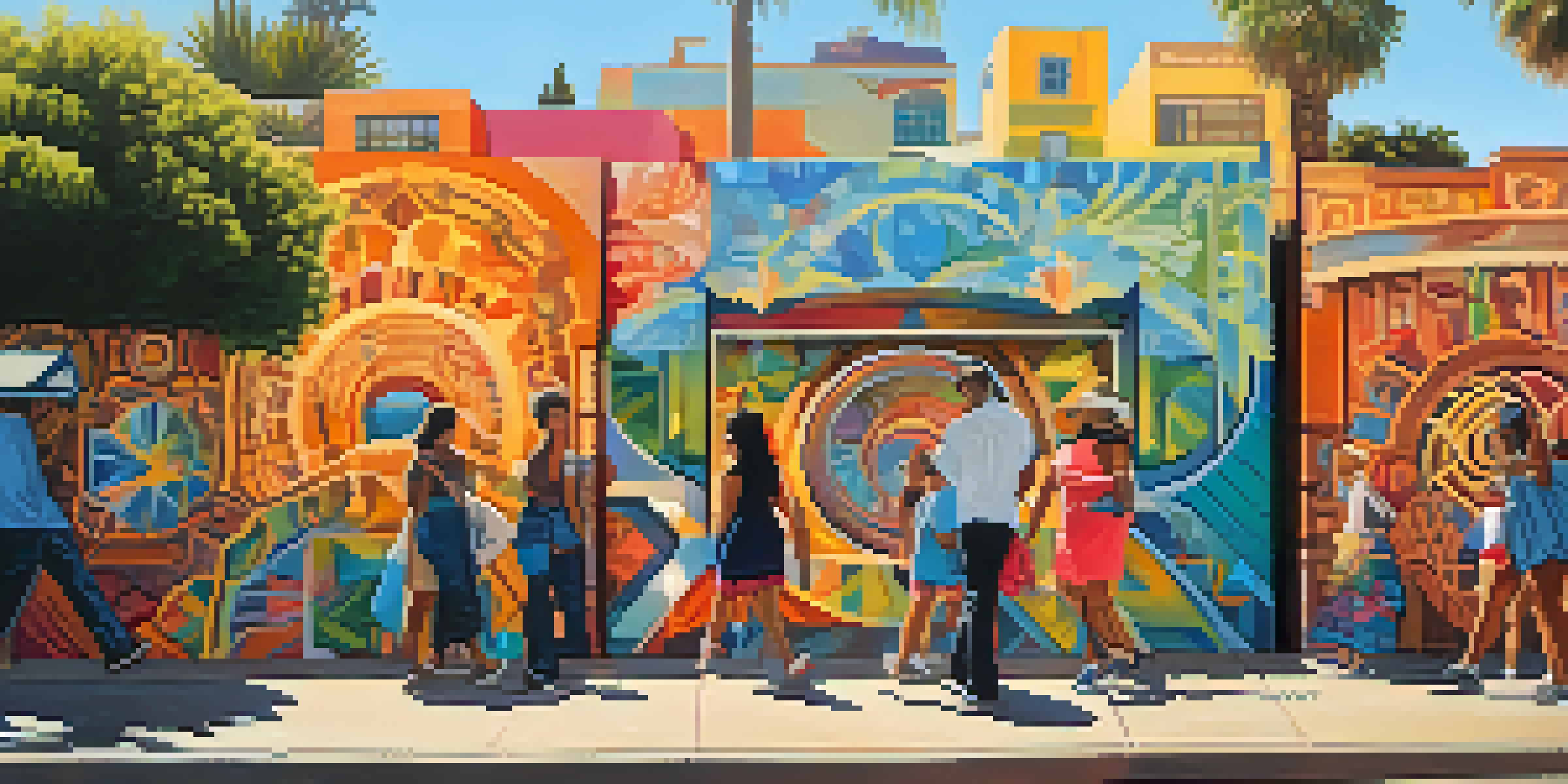 A colorful street mural depicting cultural themes, with people walking by in North Park, San Diego.