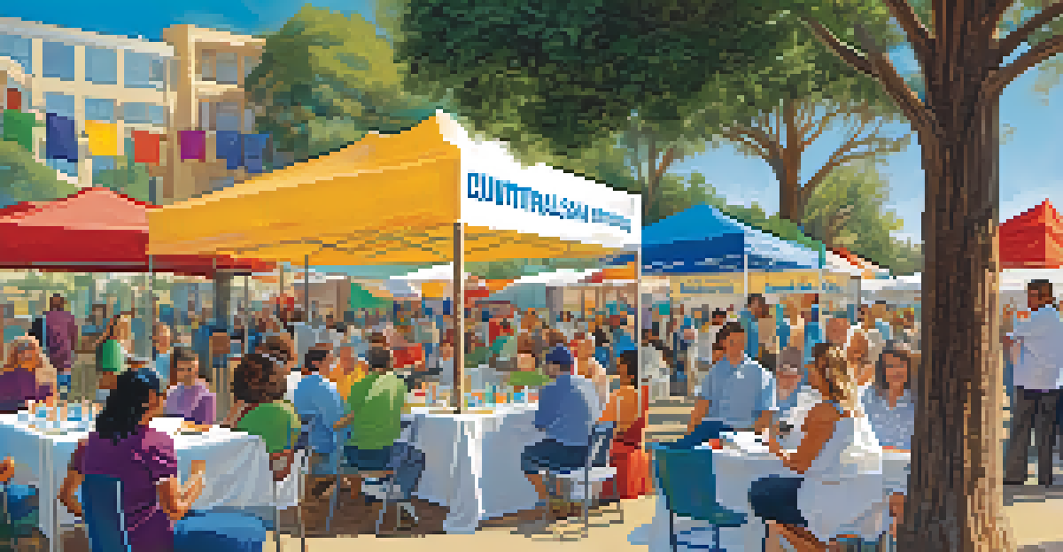 A community event in San Diego with diverse individuals discussing clinical trials, colorful banners, and tables with brochures under a blue sky.